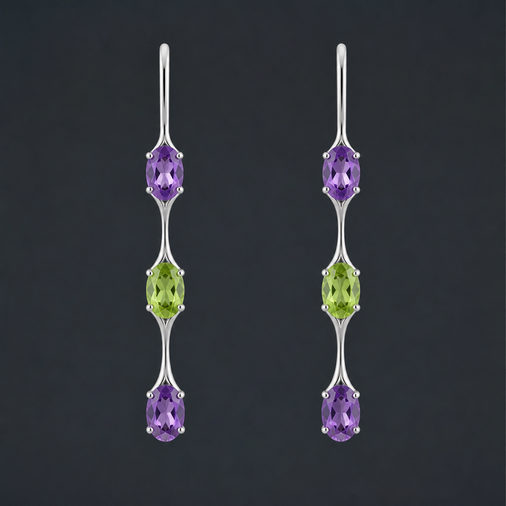 Create a sophisticated and delicate jewelry design for the AURA GEM collection.
Design a pair of long, dangling earrings in 925 sterling silver, featuring approximately three natural oval gemstones measuring 6 mm x 4 mm in each earring, arranged vertically in a continuous sequence:
• AMETHYST — upper stone
• PERIDOT — center stone
• AMETHYST — lower stone
The three gemstones should appear visually connected, forming a single continuous, fluid, and elegant vertical composition.
IMPORTANT: DO NOT use visible jump rings, links, chains, large connectors, or bulky metal elements between the gemstones. The silver structure should be extremely thin and delicate, creating an organic and almost imperceptible transition from one stone to the next, as if the gemstones were integrated into one continuous piece of jewelry.
The gemstones must be OVAL, NOT pear-shaped or teardrop-shaped. Maintain an approximate size of 6 x 4 mm, with a delicate faceted cut and natural brilliance.
The earrings should have a lightweight, feminine, sophisticated, and contemporary appearance, with an elongated silhouette and subtle movement when worn. The central peridot should create an elegant contrast between the two purple amethysts.
Aesthetic: fine jewelry, minimalist, luxurious, and distinctive. The sterling silver should have a polished, delicate finish, with small and discreet prongs and no excessive metal.
The final result should look like a real high-end jewelry piece from the AURA GEM collection: elegant, mystical, sophisticated, and delicate, without looking heavy or exaggerated.
Show the earrings from the front, with all three gemstones clearly visible and perfectly aligned, emphasizing the seamless continuity between each stone.
photorealistic jewelry design, Create a sophisticated and delicate jewelry design for the AURA GEM collection.
Design a pair of long, dangling earrings in 925 sterling silver, featuring approximately three natural oval gemstones measuring 6 mm x 4 mm in each earring, arranged vertically in a continuous sequence:
• AMETHYST — upper stone
• PERIDOT — center stone
• AMETHYST — lower stone
The three gemstones should appear visually connected, forming a single continuous, fluid, and elegant vertical composition.
IMPORTANT: DO NOT use visible jump rings, links, chains, large connectors, or bulky metal elements between the gemstones. The silver structure should be extremely thin and delicate, creating an organic and almost imperceptible transition from one stone to the next, as if the gemstones were integrated into one continuous piece of jewelry.
The gemstones must be OVAL, NOT pear-shaped or teardrop-shaped. Maintain an approximate size of 6 x 4 mm, with a delicate faceted cut and natural brilliance.
The earrings should have a lightweight, feminine, sophisticated, and contemporary appearance, with an elongated silhouette and subtle movement when worn. The central peridot should create an elegant contrast between the two purple amethysts.
Aesthetic: fine jewelry, minimalist, luxurious, and distinctive. The sterling silver should have a polished, delicate finish, with small and discreet prongs and no excessive metal.
The final result should look like a real high-end jewelry piece from the AURA GEM collection: elegant, mystical, sophisticated, and delicate, without looking heavy or exaggerated.
Show the earrings from the front, with all three gemstones clearly visible and perfectly aligned, emphasizing the seamless continuity between each stone., just the design no text