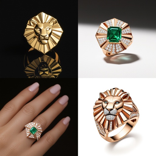 Earrings set of Lion king edges Geometric lion ring of rose gold and white goldGeomatricw lion of architecture shape and edge of diamonds and emerlad of rose gold 