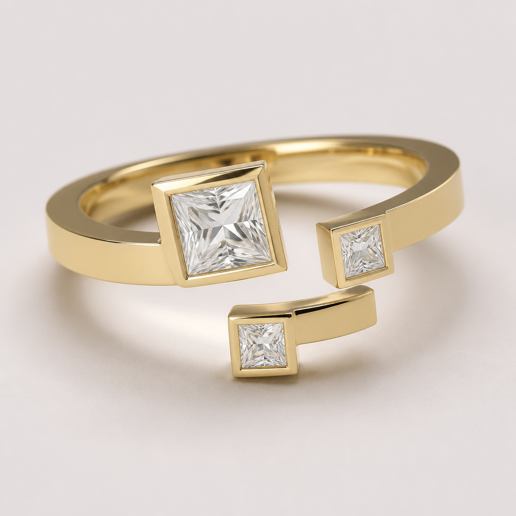Create a wrap ring that has three princess cut diamonds with one being a big larger than the other two. In yellow gold
Modern jewelry: Yellow gold wrap ring, modern, minimalist. Three princess cut diamonds, one larger, offset symmetry. Clean lines.