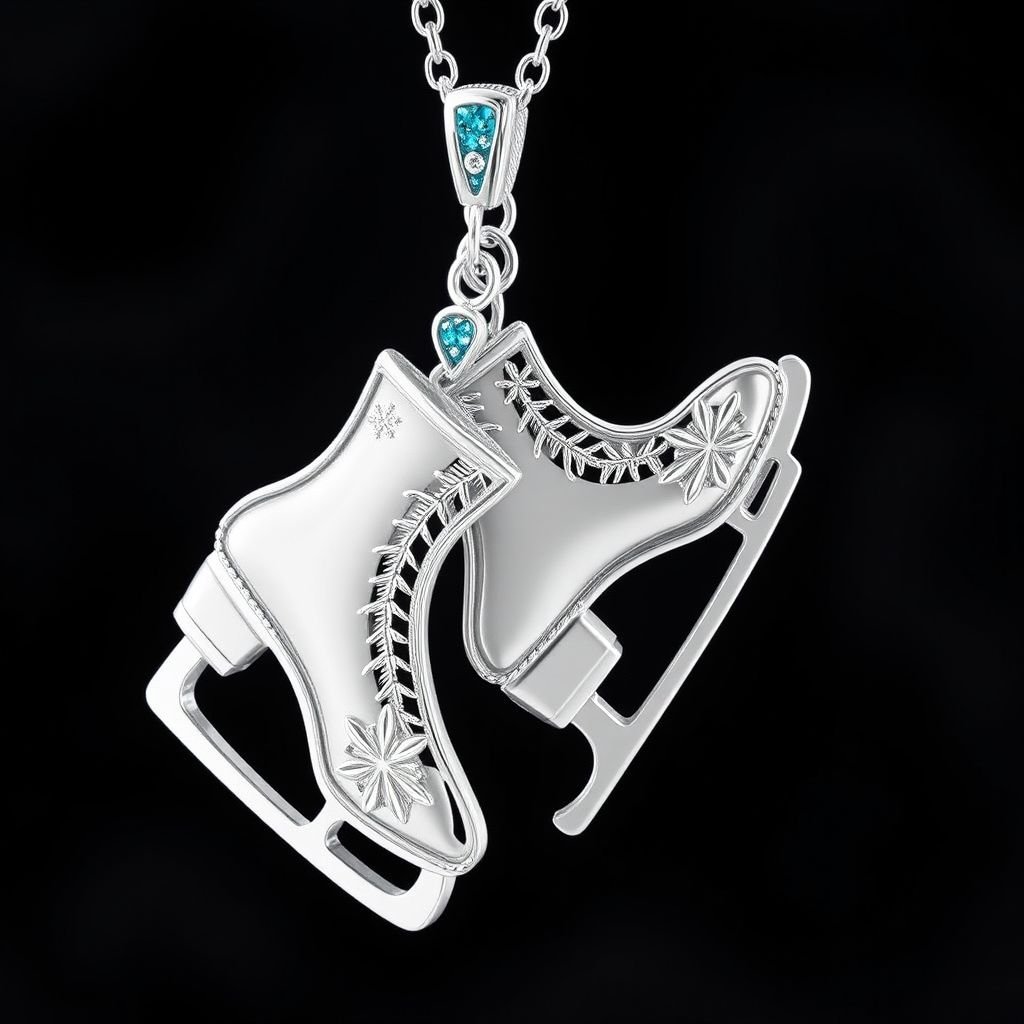 Silver pendant in the shape of turquoise figure skating blades without boots