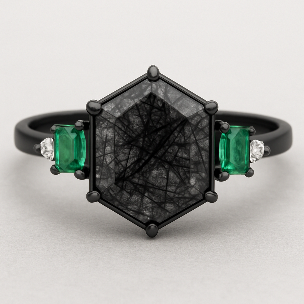 Skinny medium length Hexagon cut Black rutilated quartz with 1 emerald on each side and 3 moissanite on each side accent stones in a cluster on a black band