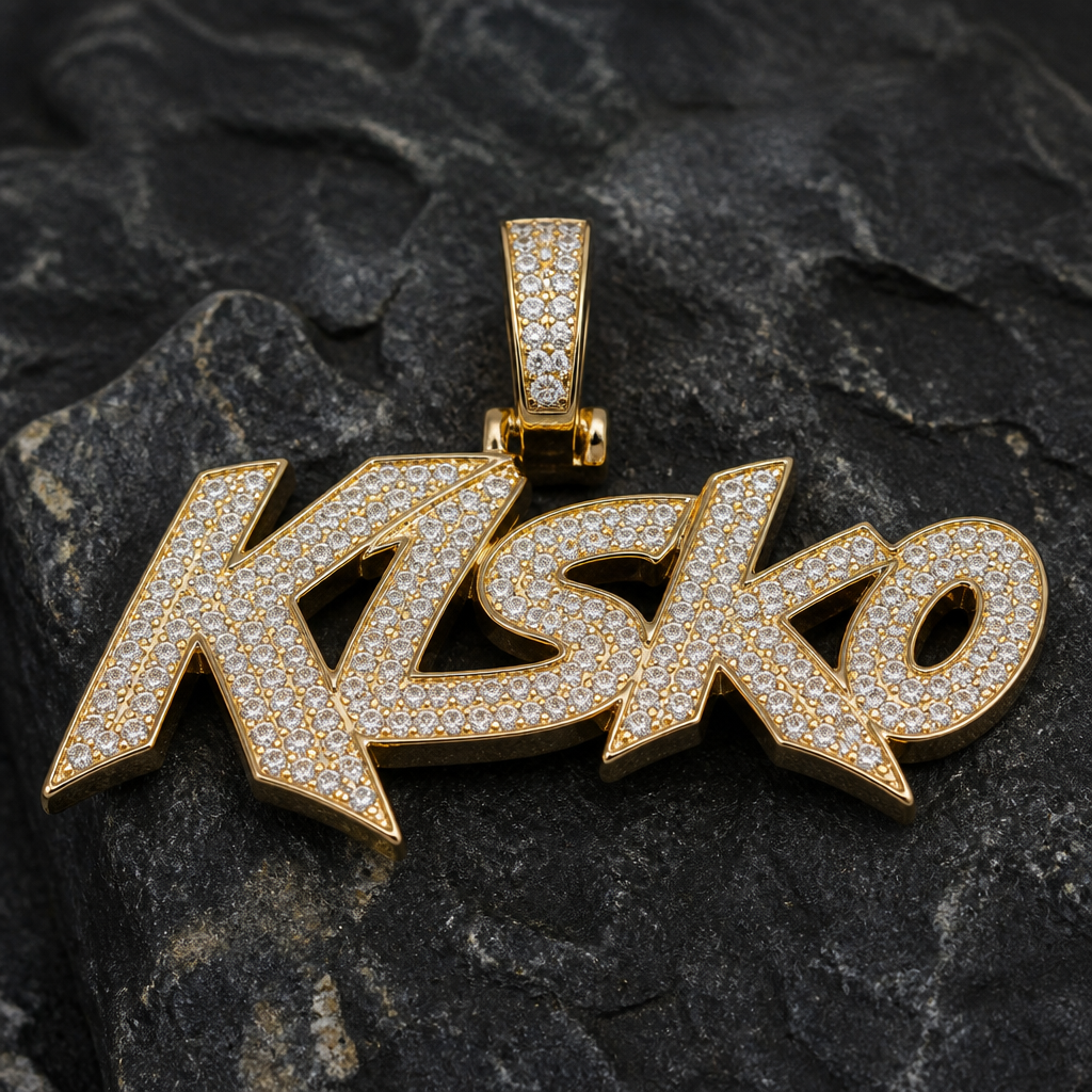 A men's pendant made of silver with diamond stones. A gold plated 925 sterling silver vvs cvd diamond pendant lettering Kisko
photorealistic jewelry design, A men's pendant made of silver with diamond stones. A gold plated 925 sterling silver vvs cvd diamond pendant lettering Kisko, modern style, just the design no text