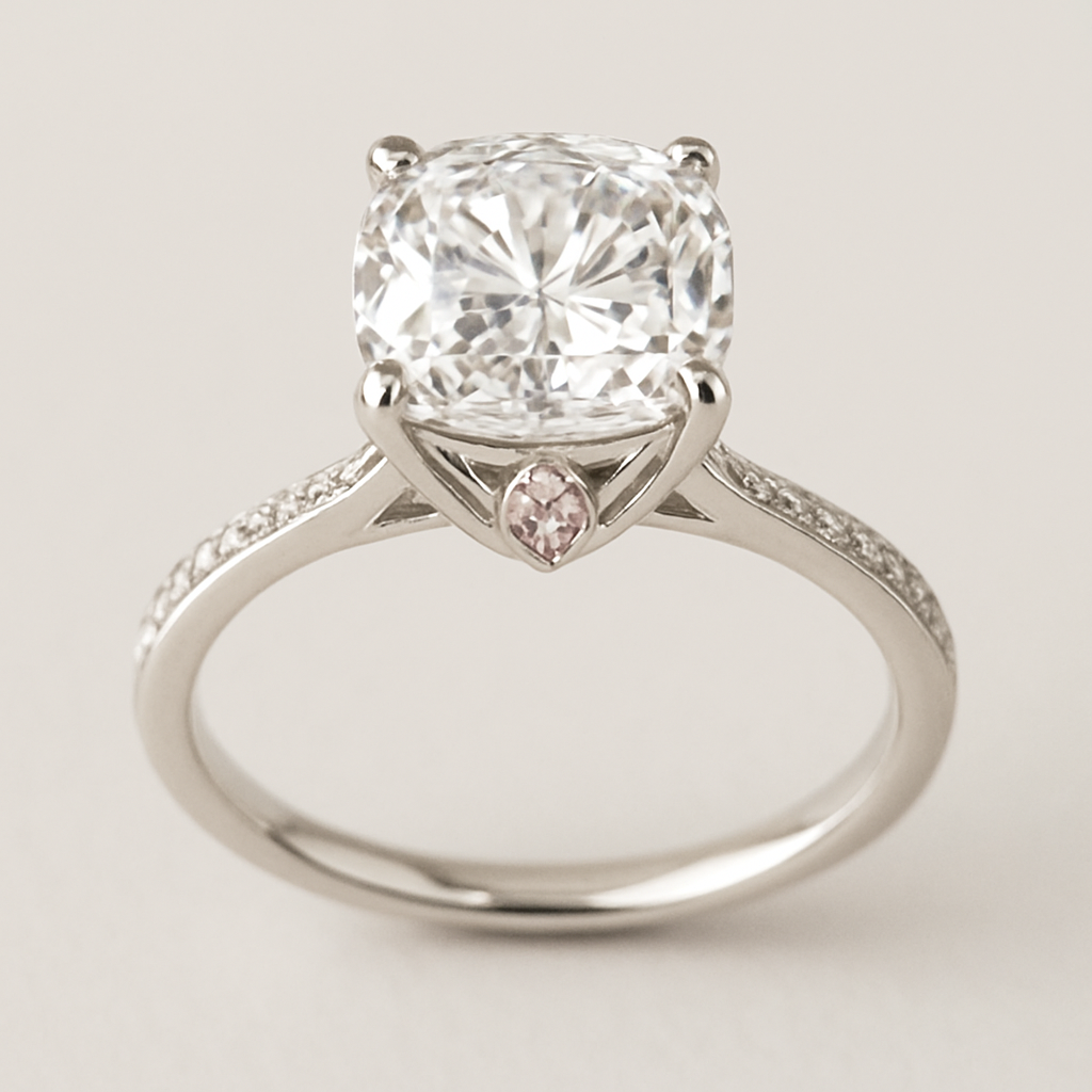 Make me a diamond engagement ring with an elongated cushion diamond that is large is shiny, silver band, but make it unique and fit for an elegant princess. Think dainty but loud and regal at the same time. Incorporate a second light pink diamond somewhere in the design Make the band thinner and have a hidden halo with a modern tulip basket setting. Dainty but regal 