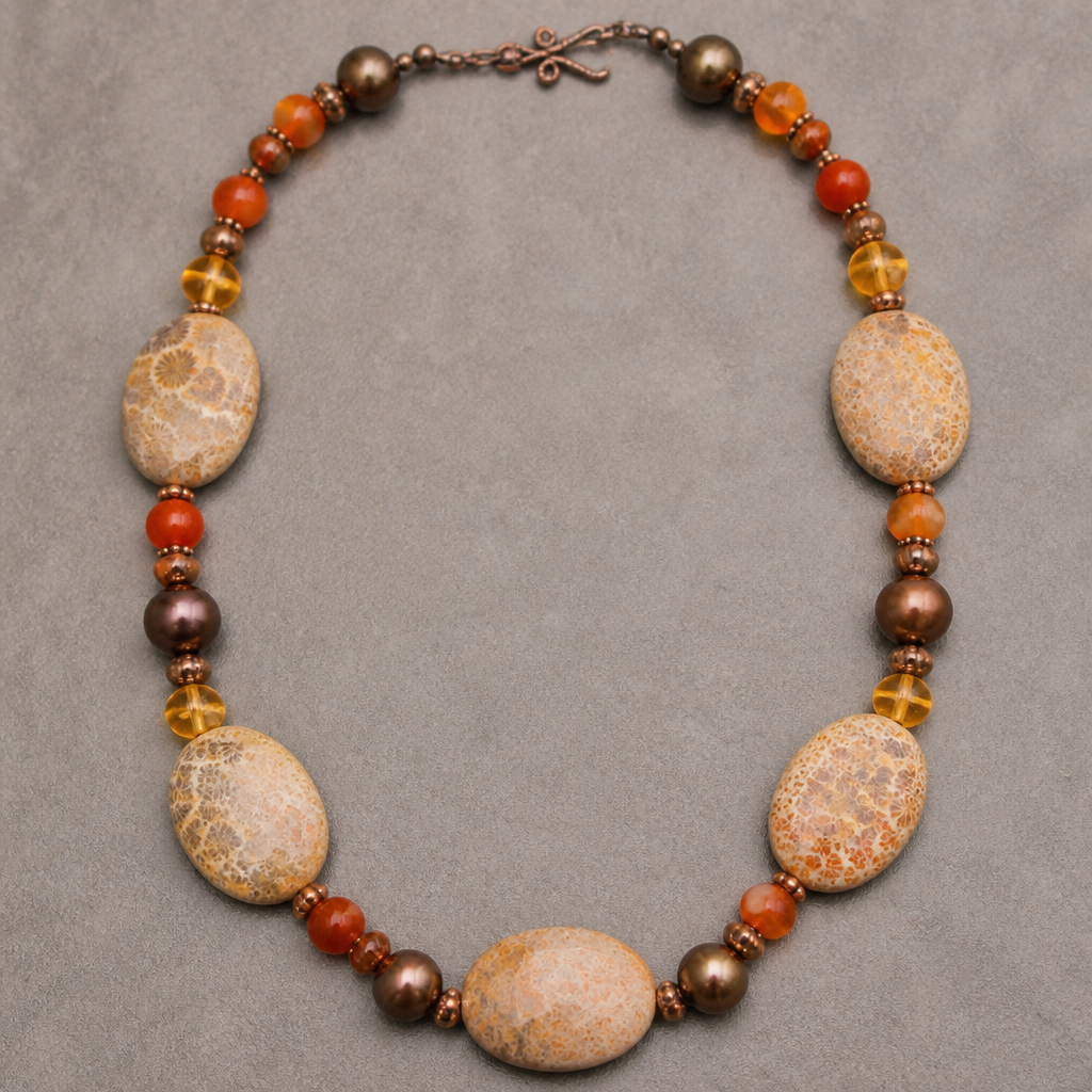 "Cream colored with orange and brown and some grey inclusions oval shaped fossilized coral 30mm x 20.5mm beads, round citrine 8mm, chocolate colored pearls 9mm, orange carnelian oval 5.5mm x 7.5mm beads necklace
photorealistic jewelry design, "Cream colored with orange and brown and some grey inclusions oval shaped fossilized coral 30mm x 20.5mm beads, round citrine 8mm, chocolate colored pearls 9mm, orange carnelian oval 5.5mm x 7.5mm beads necklace
, bohemian style, just the design no text