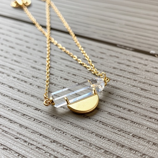 Прозрачный белый длинный кристалл горного хрусталя шестигранный золотой матовый тонкий полумесяц подвеска рядом все на одной цепочке