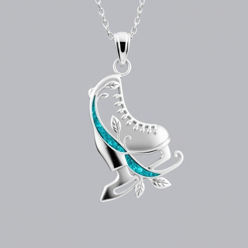 Silver pendant in the shape of ice skating blades with a turquoise stripe within the blade