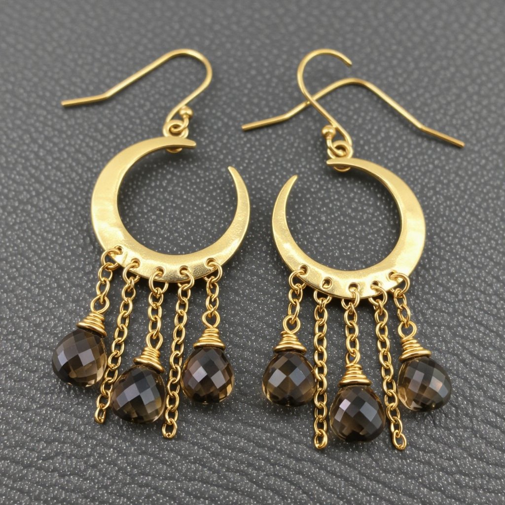 Золотые серьги полумесяц вертикальный 2 см, сверху крепится к швензе. От полумесяца идет три цепочки золотого цвета, у каждой на конце камушек раухтопаз