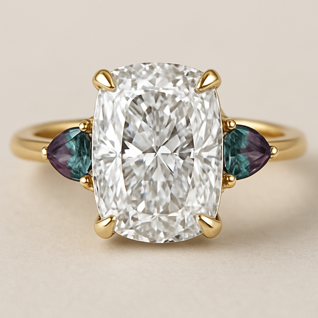 2 carat elongated cushion cut diamond with claw prongs and marquise alexandrite side stones set in a yellow gold flared shank 