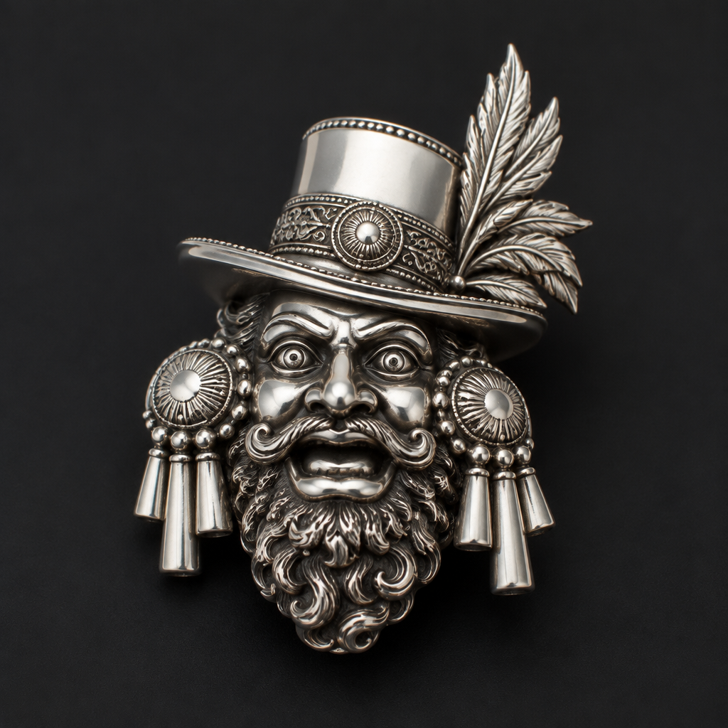 A men's brooch made of silver. cabeza de morenada
photorealistic jewelry design, A men's brooch made of silver. cabeza de morenada, modern style, just the design no text