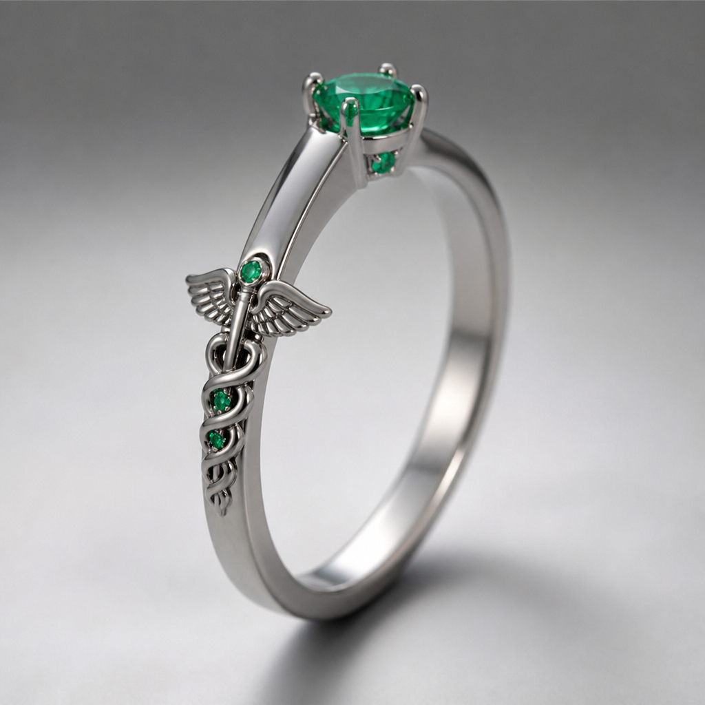 A minimalist women's ring made of titanium with emerald stones. cajado da medicina dos dois lados com predas esmeralda no topo do anel e no cajado da medicina também
photorealistic jewelry design, A minimalist women's ring made of titanium with emerald stones. cajado da medicina dos dois lados com predas esmeralda no topo do anel e no cajado da medicina também, minimalist style, just the design no text