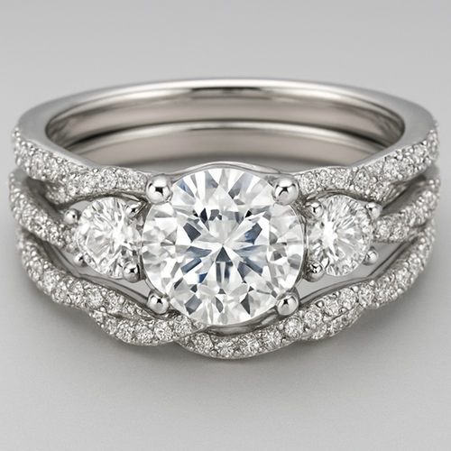 Elegant 4 carat tw 3 stone engagement ring with twisted pave band with matching wedding band