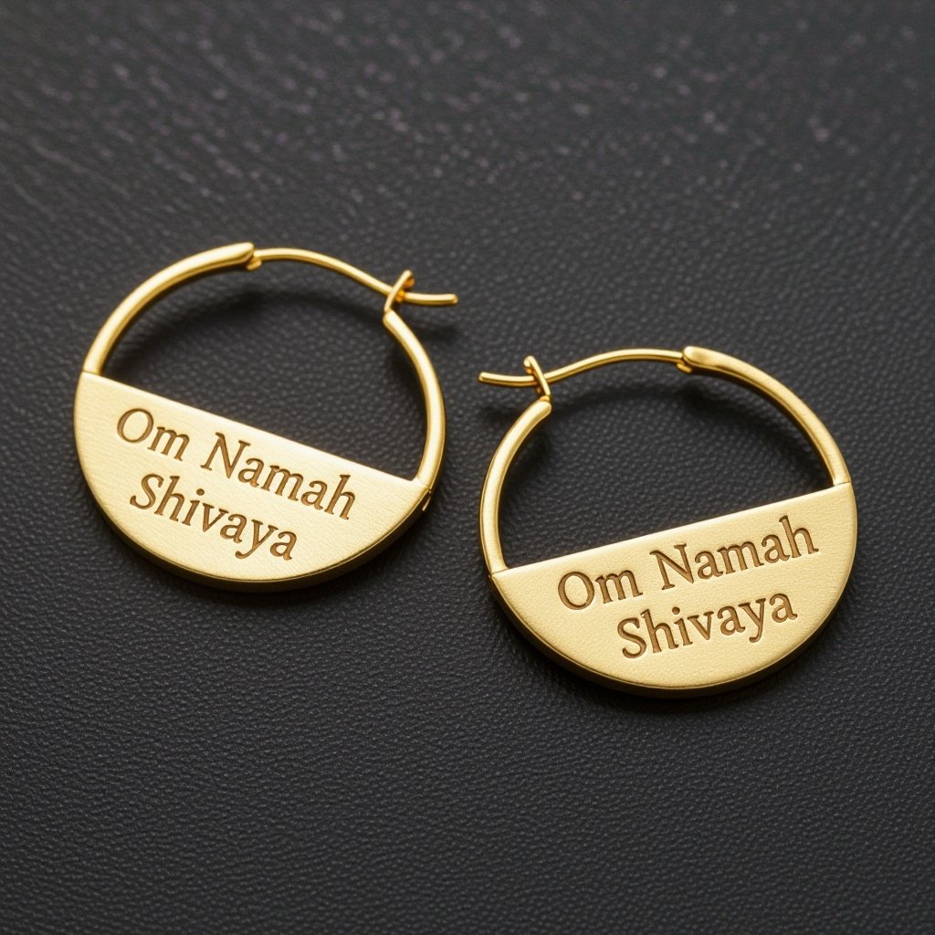 Золотые матовые серьги полукруг. На полукруге надпись изящным шрифтом om namah shivaya