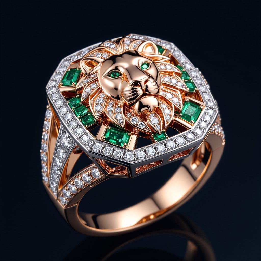 The lion king Geometric lion ring of rose gold and white goldGeomatricw lion of architecture shape and edge of diamonds and emerlad of rose gold 
