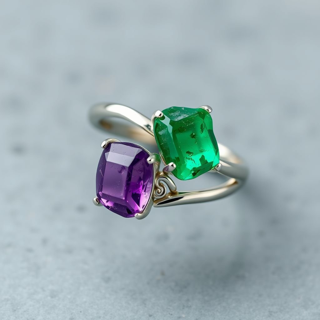 Design silver adjustable ring, use minimum silver, use 2 raw natural gemstones 