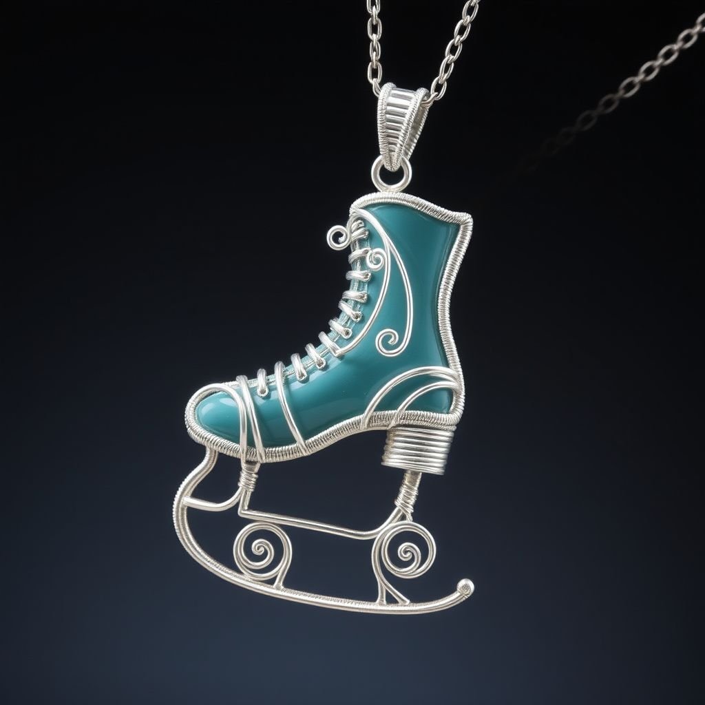 Silver Pendant shape one ice skate with turquoise stripe inside the low thin part blade