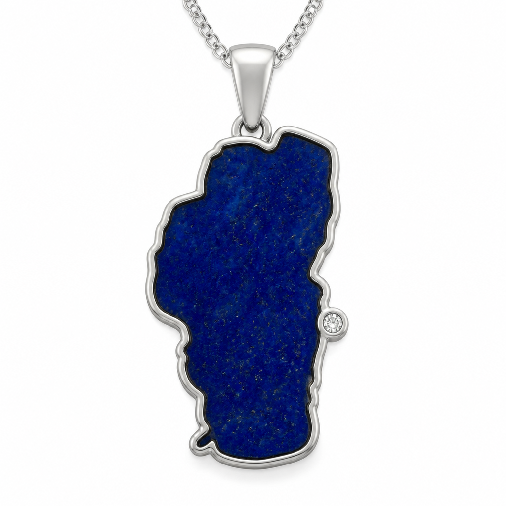 Create a pendant in the shape of Lake Tahoe in 14 karat white gold. Bezel set a natural royal blue lapis in the necklace. Add a bezel set Diamond set on the outside edge of the white gold at the location of Glenbrook, Nevada. Put a tapered bail on the necklace.
photorealistic jewelry design, Create a pendant in the shape of Lake Tahoe in 14 karat white gold. Bezel set a natural royal blue lapis in the necklace. Add a bezel set Diamond set on the outside edge of the white gold at the location of Glenbrook, Nevada. Put a tapered bail on the necklace., just the design no text