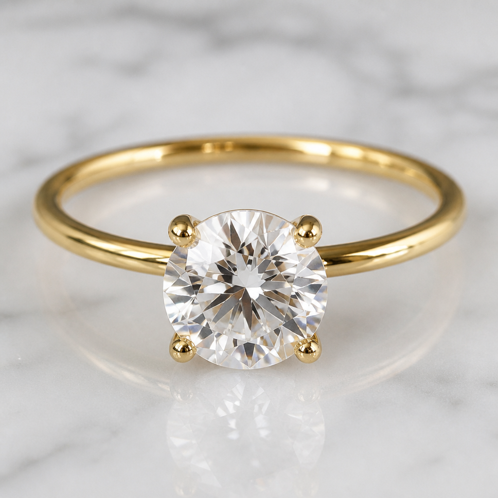 A women's ring made of gold. 9kt Yellow gold Solitare ring, band width 1.5mm.
The center stone is a 3ct Lab grown diamond set in a 4 claw setting.
Finger size I
photorealistic jewelry design, A women's ring made of gold. 9kt Yellow gold Solitare ring, band width 1.5mm.
The center stone is a 3ct Lab grown diamond set in a 4 claw setting.
Finger size I, modern style, just the design no text
