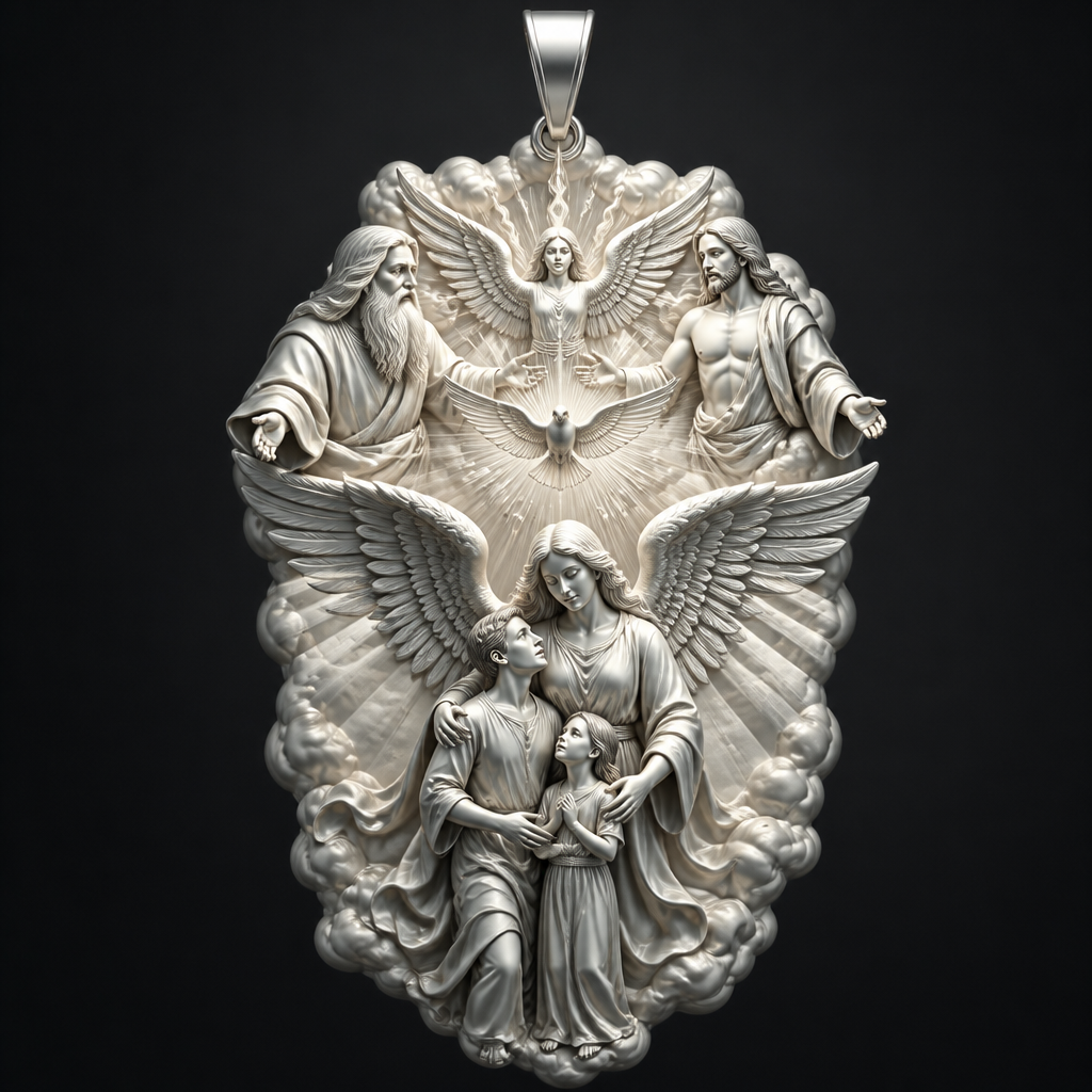 A modern women's pendant made of silver suitable for festival. An extraordinary excellent beautiful delicate and elegant pendant with the Guardian Angel with a beautiful delicate and elegant face, with long hair, with big wings flying, with a beautiful delicate elegant and with beautiful curves at her body, with a beautiful delicate and elegant tunic holding a child and an adult with its hands protecting them and guiding them on the way of the Holy Trinity. Sawing the way of the Holy Trinity in front of them God the Father, God the Son and God the Holy Spirit, the Holy Spirit to be as an Angel with a dove under the Angel surrounded by tongues of fire radiating light to the persons and the Guardian Angel, without the surrounding metals of the pendant. All the persons and the surrounding area to be 3D like statues. With less metal of the pendant and more accurate persons and only the persons and the clouds and the rayes of light.