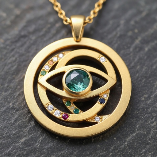 Подвеска из матового золота с узорами и мелкими необработанными камнями в форме двух пересекающихся окружностей и глаза между ними