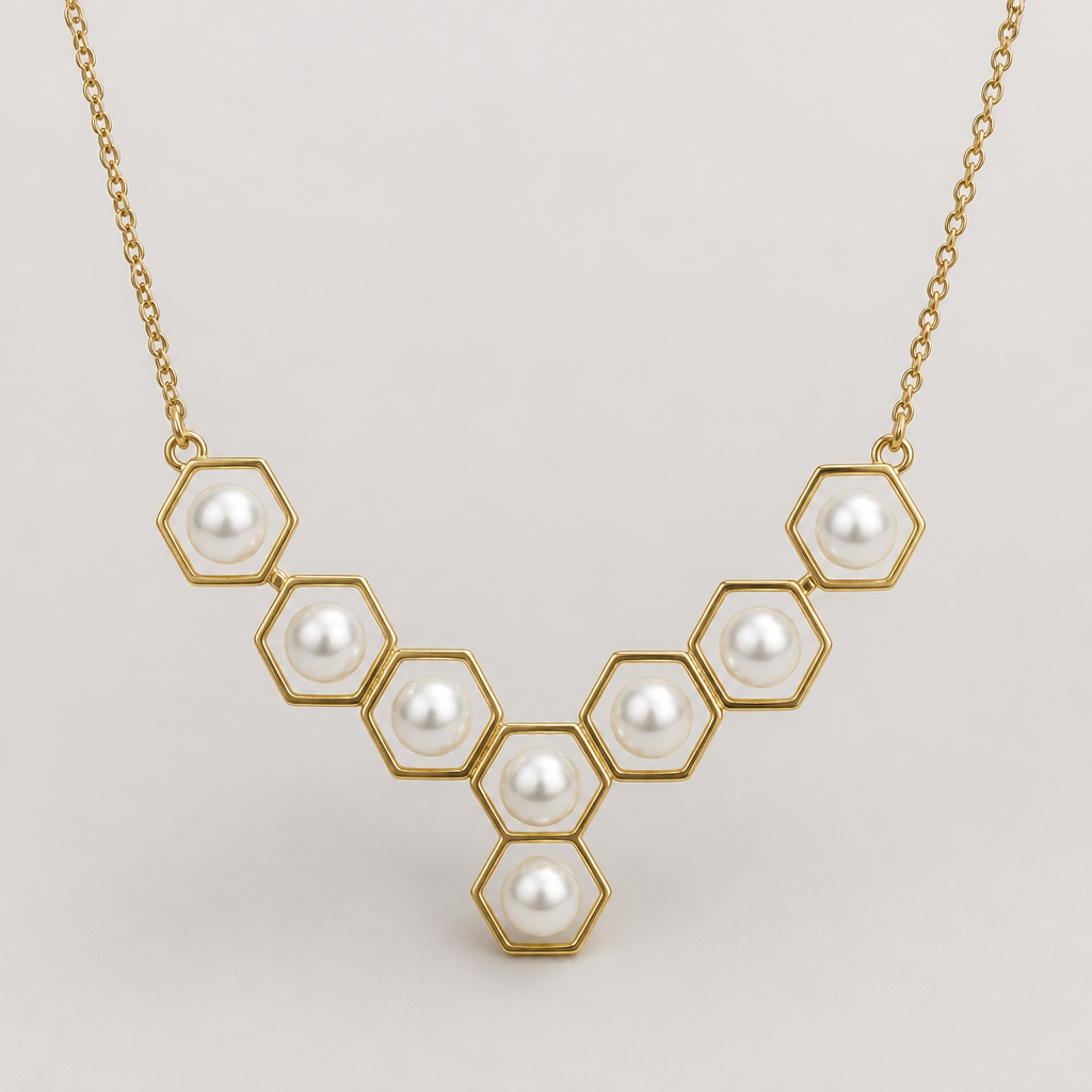Hexagons necklace
photorealistic jewelry design, Hexagons necklace , pearls style, just the design no text