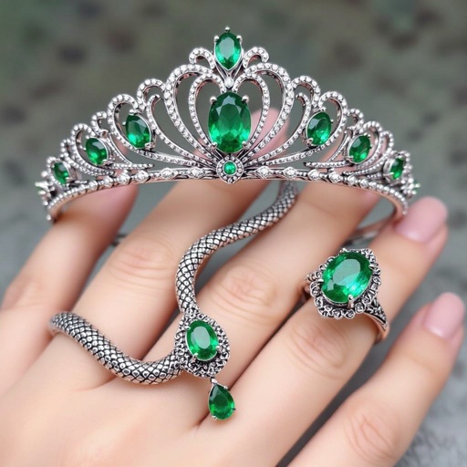 Make a set inspired by the hogwarts house slytherin in the colors green and silver. include a tiara