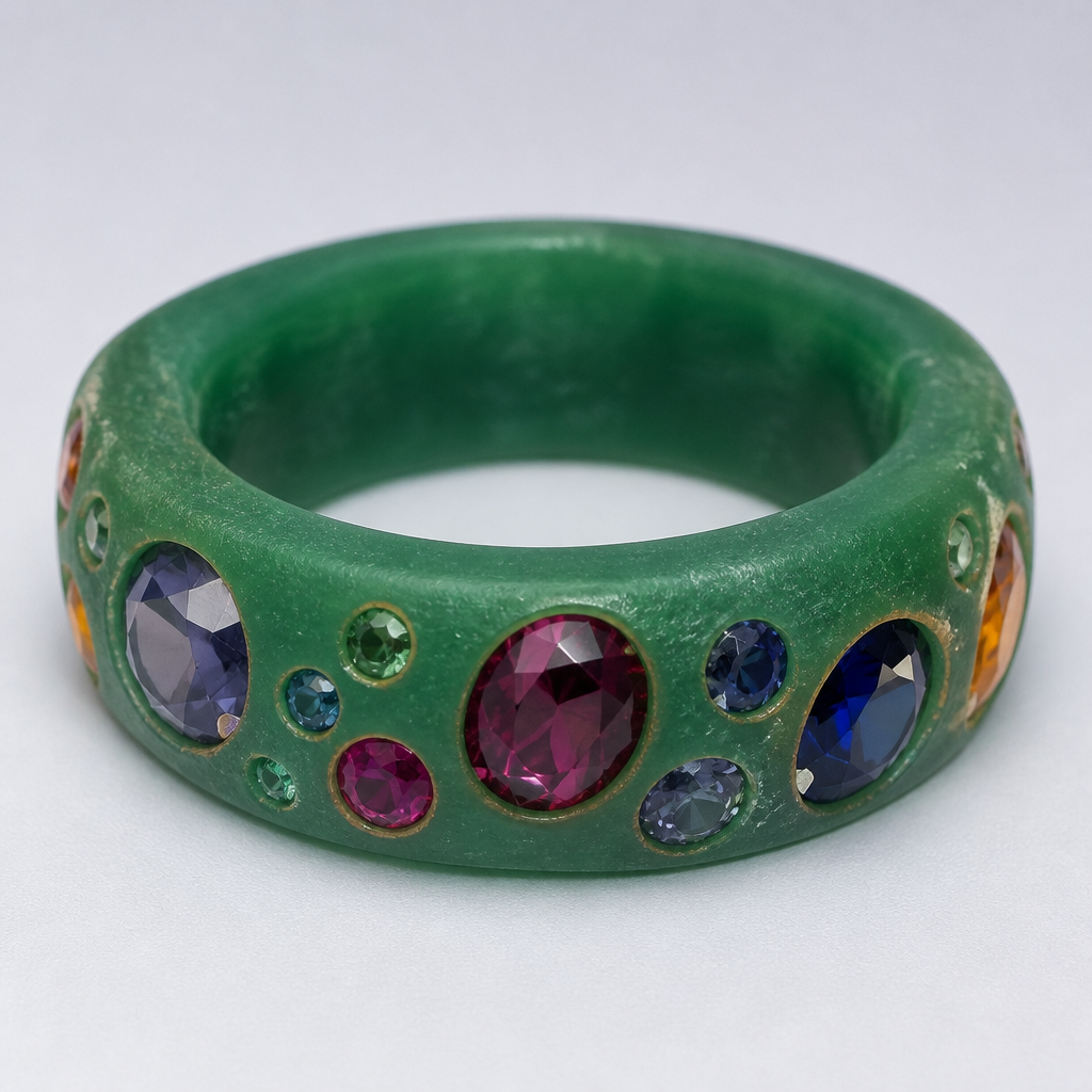 Color stones embedded in wax like band
photorealistic jewelry design, Color stones embedded in wax like band , retro style, just the design no text