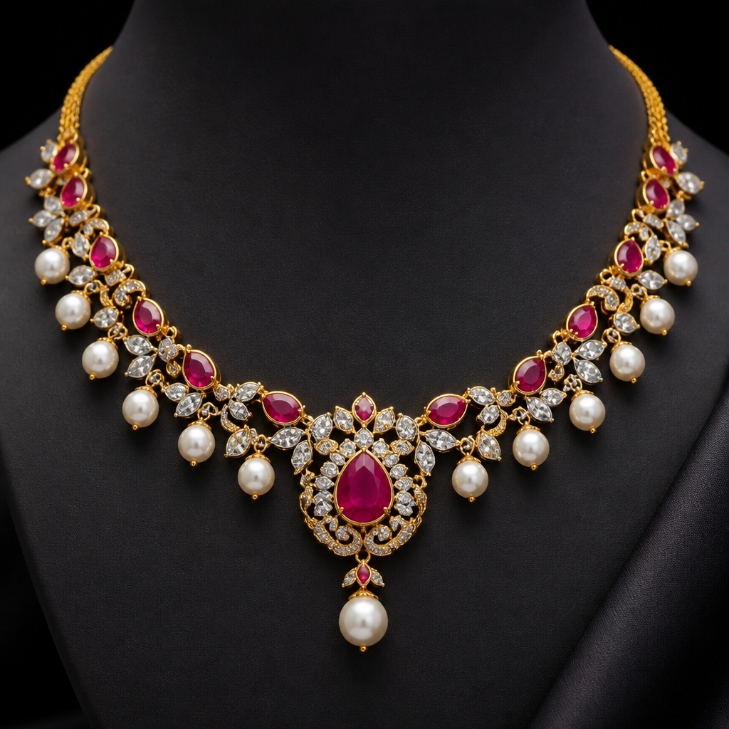 A women's necklace with ruby and diamond and pearl stones. Take a reference of the image and try to make exact copy
of design in gold 24k.
photorealistic jewelry design, A women's necklace with ruby and diamond and pearl stones. Take a reference of the image and try to make exact copy
of design in gold 24k., modern style, just the design no text