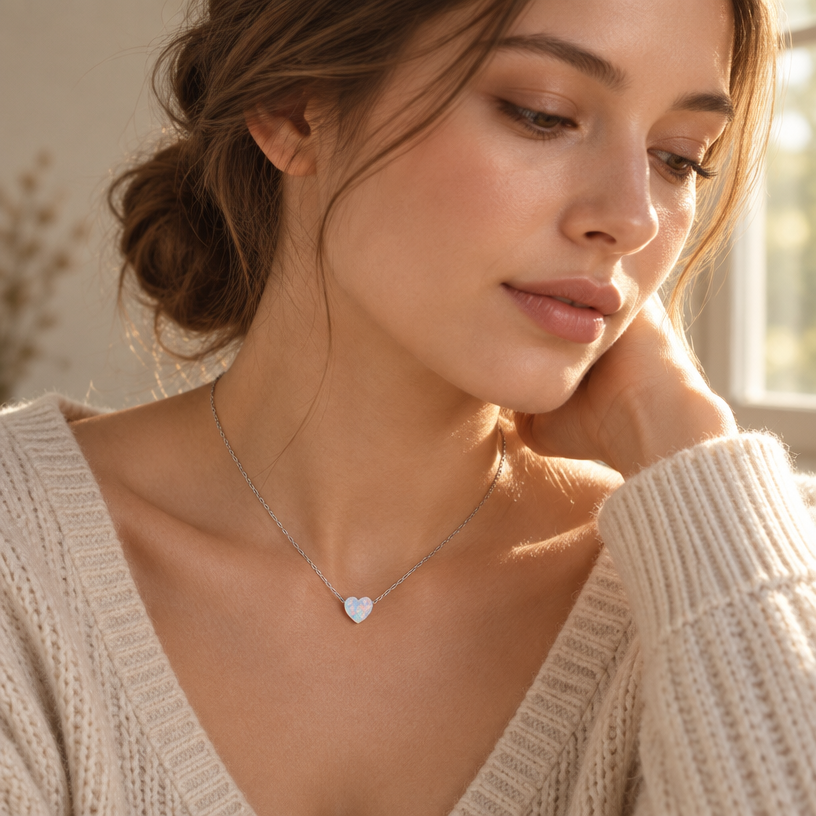 Jewelry photoshoot (worn)
Show the jewelry piece from the image worn by an elegant model in a professional editorial photograph, soft studio lighting. Reproduce the jewelry's exact design, metal, stones and details faithfully. Photorealistic, no text. Additional instructions: "Photorealistic, close-up editorial shot of an elegant young woman with soft, natural features, wearing a knitted sweater, sitting by a window with warm afternoon sunlight streaming across her skin, her head gently tilted to the side, gazing downward with a calm, thoughtful expression. Her hair is pulled back into a loose low bun with a few soft strands framing her face. She is wearing a delicate, minuscule sterling silver necklace with the interlocked pavé diamond-encrusted heart and the polished silver heart exactly as shown in image_8.png, resting naturally at the base of her throat. Soft natural light creates a subtle glow on her collarbone and the necklace. Minimalist neutral backdrop with a hint of soft window light flare, shallow depth of field, sharp focus on the necklace and skin texture, soft bokeh elsewhere. 8k resolution, cinematic quality, luxury jewelry campaign aesthetic. Make sure the necklace chain stays as it is in the picture, meaning do not add any stones to it.
Jewelry scale note: make the pendant slightly smaller than shown in image_8.png — the necklace and pendant must be small, delicate and realistically proportioned, not oversized or exaggerated, true to how fine jewelry actually looks in real life.".