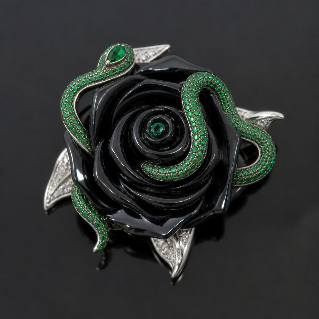 White gold brooch, green snake wrapping around a black onyx shaped rose.
photorealistic jewelry design, White gold brooch, green snake wrapping around a black onyx shaped rose., just the design no text