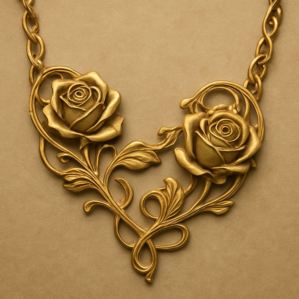 A gold chain with roses on it