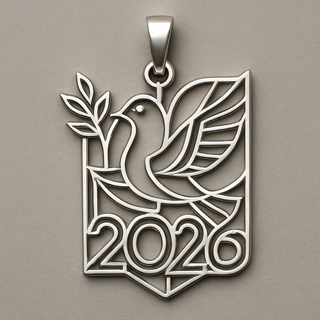 Silver minimal cut-out abstract charm blending together the pigeon of peace hold an olive branch along the year 2026