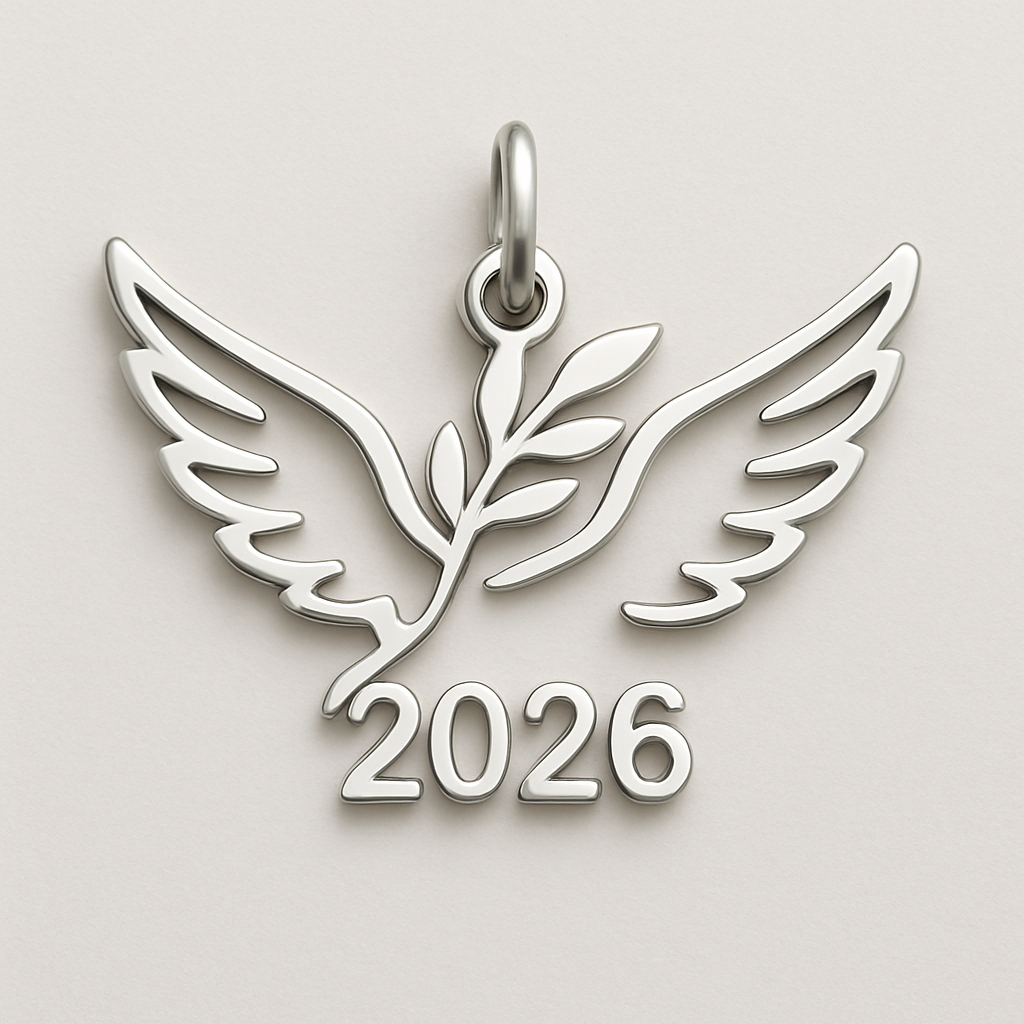 Silver cut-out charm blending together two spread out wings of a bird, an olive branch and  along year 2026