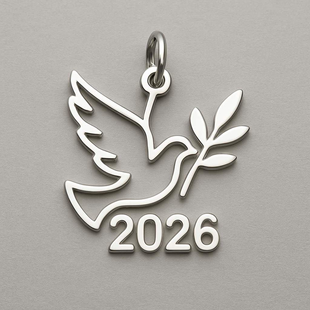 Silver cut-out charm blending together only the two spread out wings of a bird, an olive branch and  along year 2026