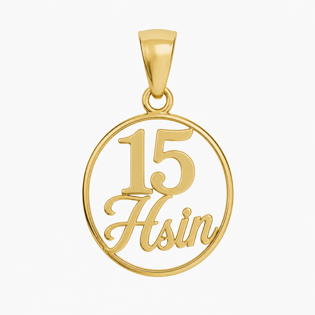 15 ring with name Hsin in gold pendant
photorealistic jewelry design, 15 ring with name Hsin in gold pendant, just the design no text
