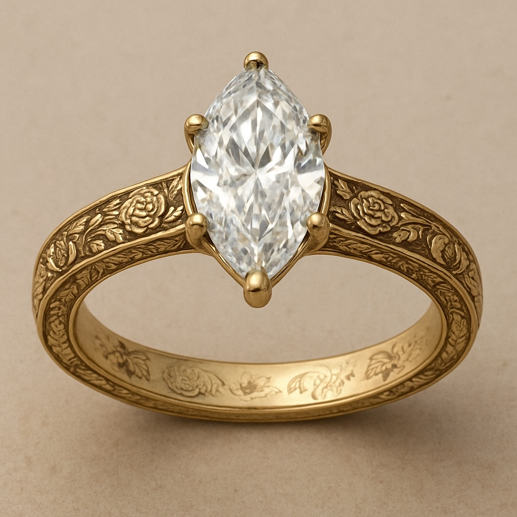 gold engagement ring with marquise cut diamond 2ct and cathedral setting. band same width all the way around and has subtle roses, subtle snow drops, and vintage look