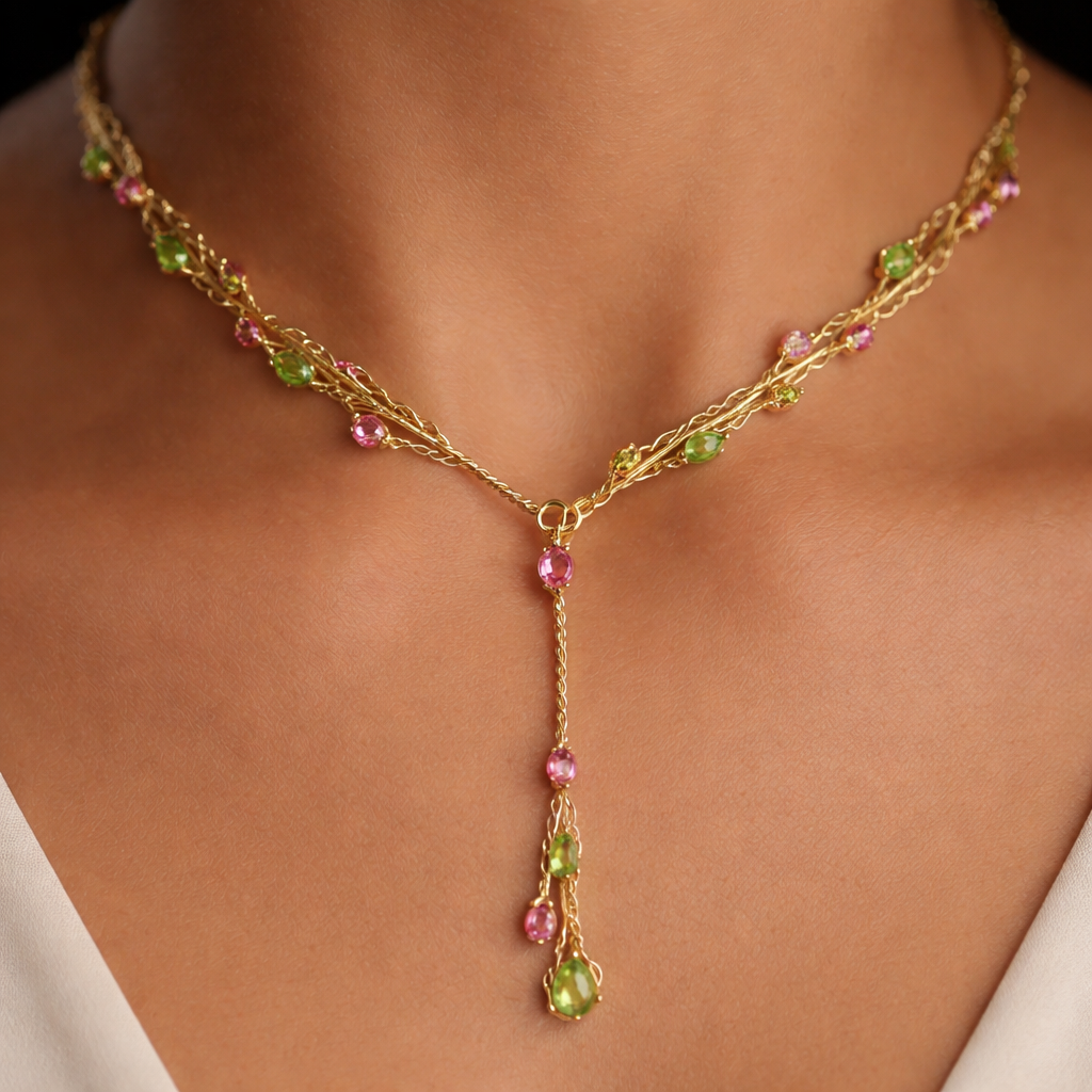 Everyday piece. Thin Gold chain with thin wire wrapped around it like an olive branch and small pear cut bright peridot and pink sapphire stones placed throughout the chain with a lariat.