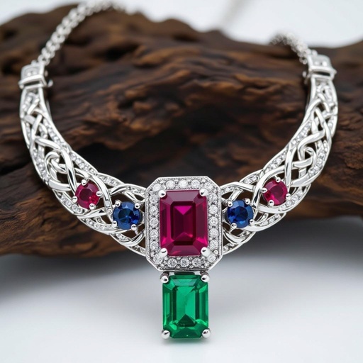  A celtic 50 carat necklace with VVS  emerald -cut  ruby and sapphire gemstones and 18k silver chain