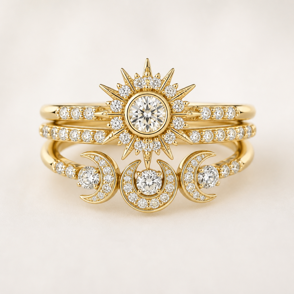 Can you create a very feminine diamond ring for a wedding ring and engagement multi stackable yellow, 14 carat gold that has
1 ct diamond
3 0.25 ct of diamonds
12 0.1 ct of diamonds
20 0.05 ct of diamonds
Center 1 ct diamond being the sun
3 0.25 ct being the moon
All diamonds are round shape
photorealistic jewelry design, Can you create a very feminine diamond ring for a wedding ring and engagement multi stackable yellow, 14 carat gold that has
1 ct diamond
3 0.25 ct of diamonds
12 0.1 ct of diamonds
20 0.05 ct of diamonds
Center 1 ct diamond being the sun
3 0.25 ct being the moon
All diamonds are round shape, just the design no text