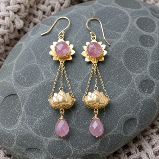 Светлое матовое золото. Серьги с лотосом на длинных цепочках. По центру лотоса неровный камень необрабаботанного розового кварца, от лотоса идет цепочка с еще одним камнем кварца на конце. Серьги тонкие и легкие