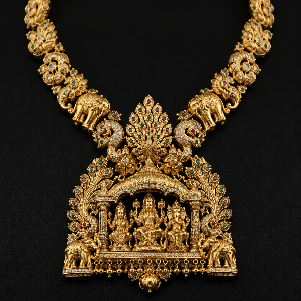 A women's necklace made of gold suitable for wedding. bottom Pendent should contain shiva parvathi ganesha and murugan
the gods should be inside pallaki which looks to be realistic
beside pallaki we need peacock with feathers coming above.
add some elephant and flowers and peacocks in chain design
photorealistic jewelry design, A women's necklace made of gold suitable for wedding. bottom Pendent should contain shiva parvathi ganesha and murugan
the gods should be inside pallaki which looks to be realistic
beside pallaki we need peacock with feathers coming above.
add some elephant and flowers and peacocks in chain design, modern style, just the design no text