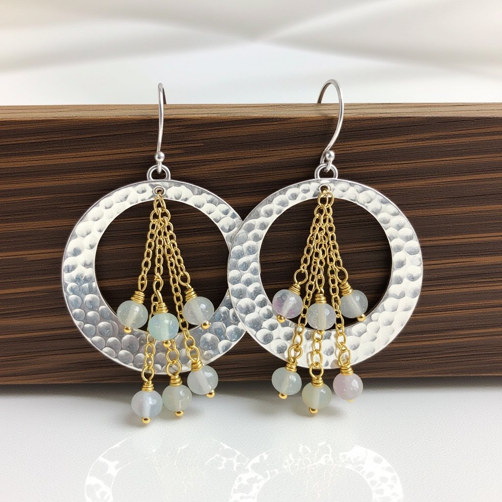 Серебряные серьги словно мятое серебро в форме полумесяца вертикальныйсверху крепится к швензе. От полумесяца идет три цепочки золотого цвета, у каждой на конце мелкий камушек лунный камень