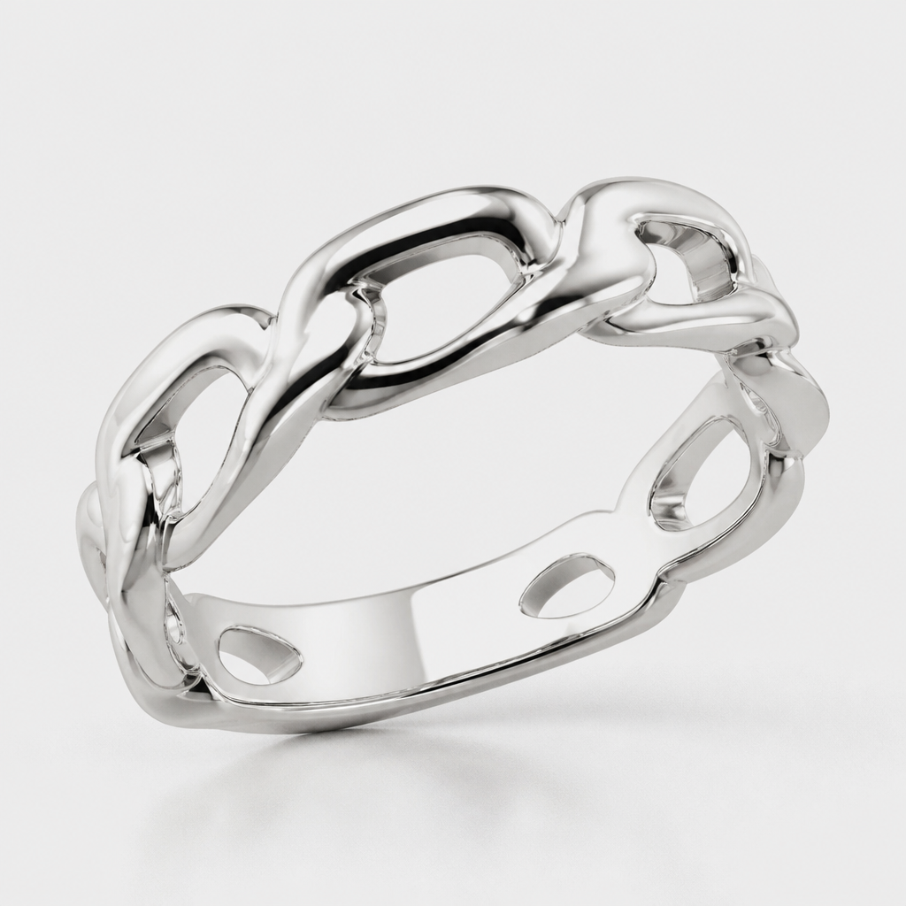 A women's ring made of silver. cadena de una pieza
photorealistic jewelry design, A women's ring made of silver. cadena de una pieza, modern style, just the design no text