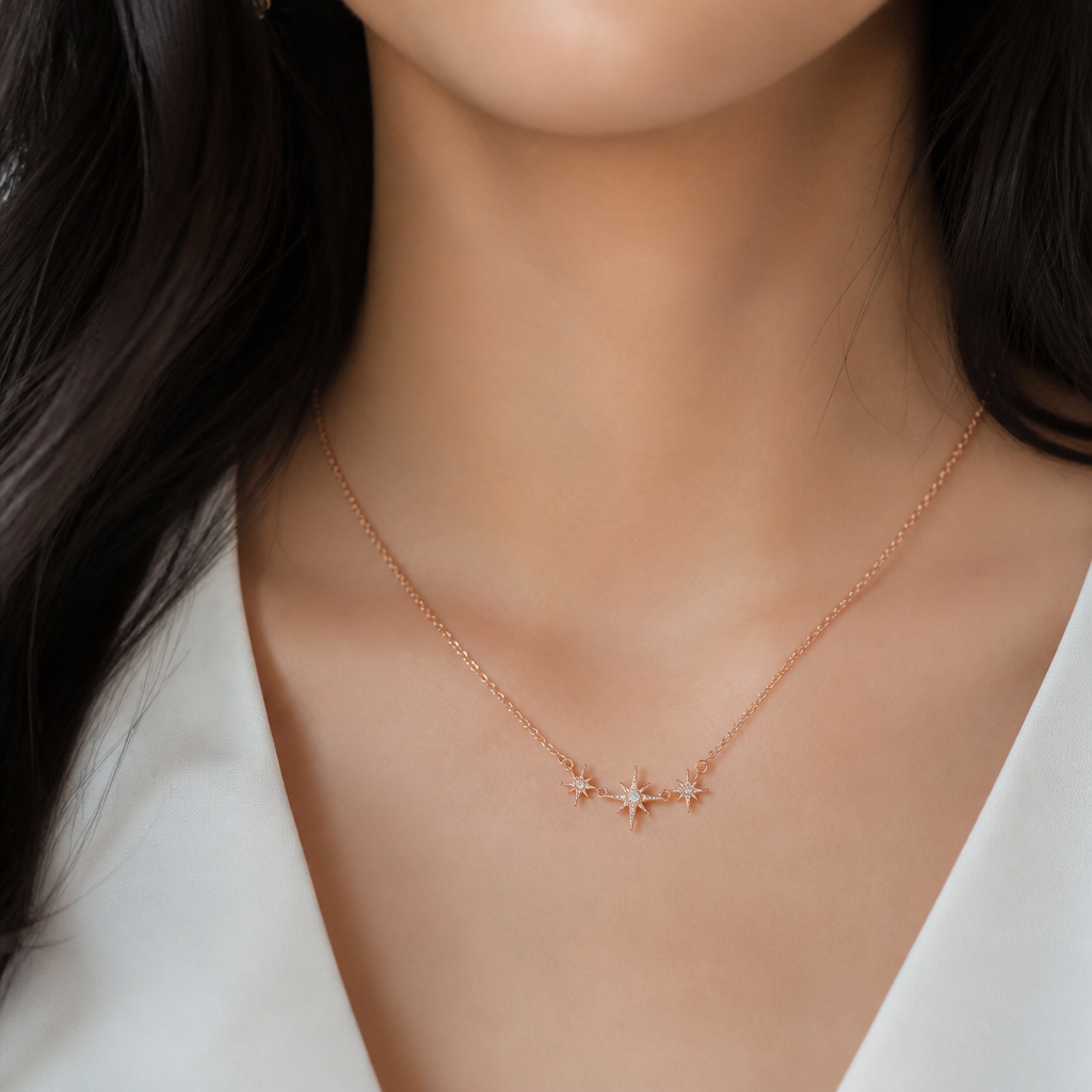 یه گردنبند رز گلد که مدل ستاره تو گردن یه خانم موی مشکی باشه
photorealistic jewelry design, یه گردنبند رز گلد که مدل ستاره تو گردن یه خانم موی مشکی باشه , three_stone style, just the design no text
