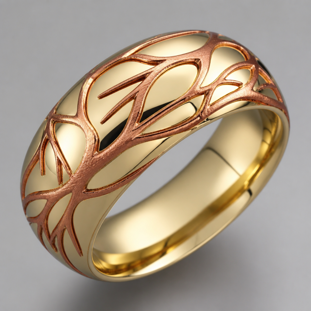 A women's ring. aliança de ouro abaulada com raizes em ouro vermelho escovado
photorealistic jewelry design, A women's ring. aliança de ouro abaulada com raizes em ouro vermelho escovado, modern style, just the design no text