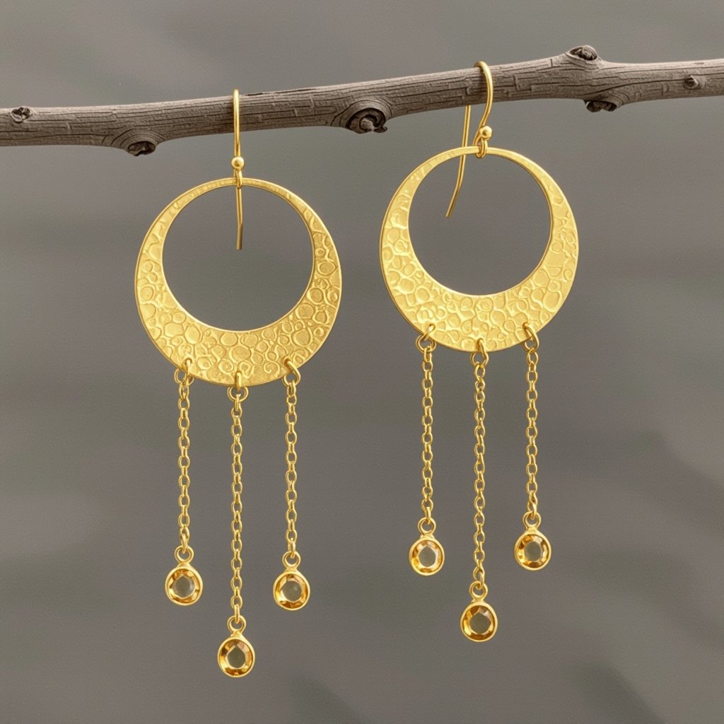 Золотые серьги словно мятое золото в форме узкого изящного полумесяца. Верхушка полумесяца крепится к застежке серьги.  От полумесяца идет три цепочки, у каждой на конце мелкий камушек цитрин