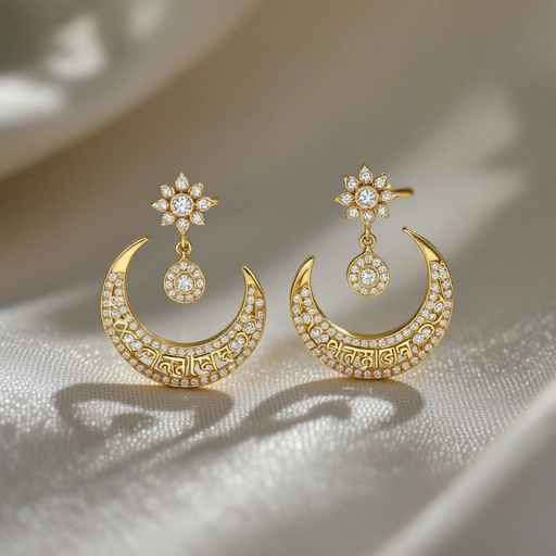 Серьги золотые в форме полумесяца с мантрами на санскрите