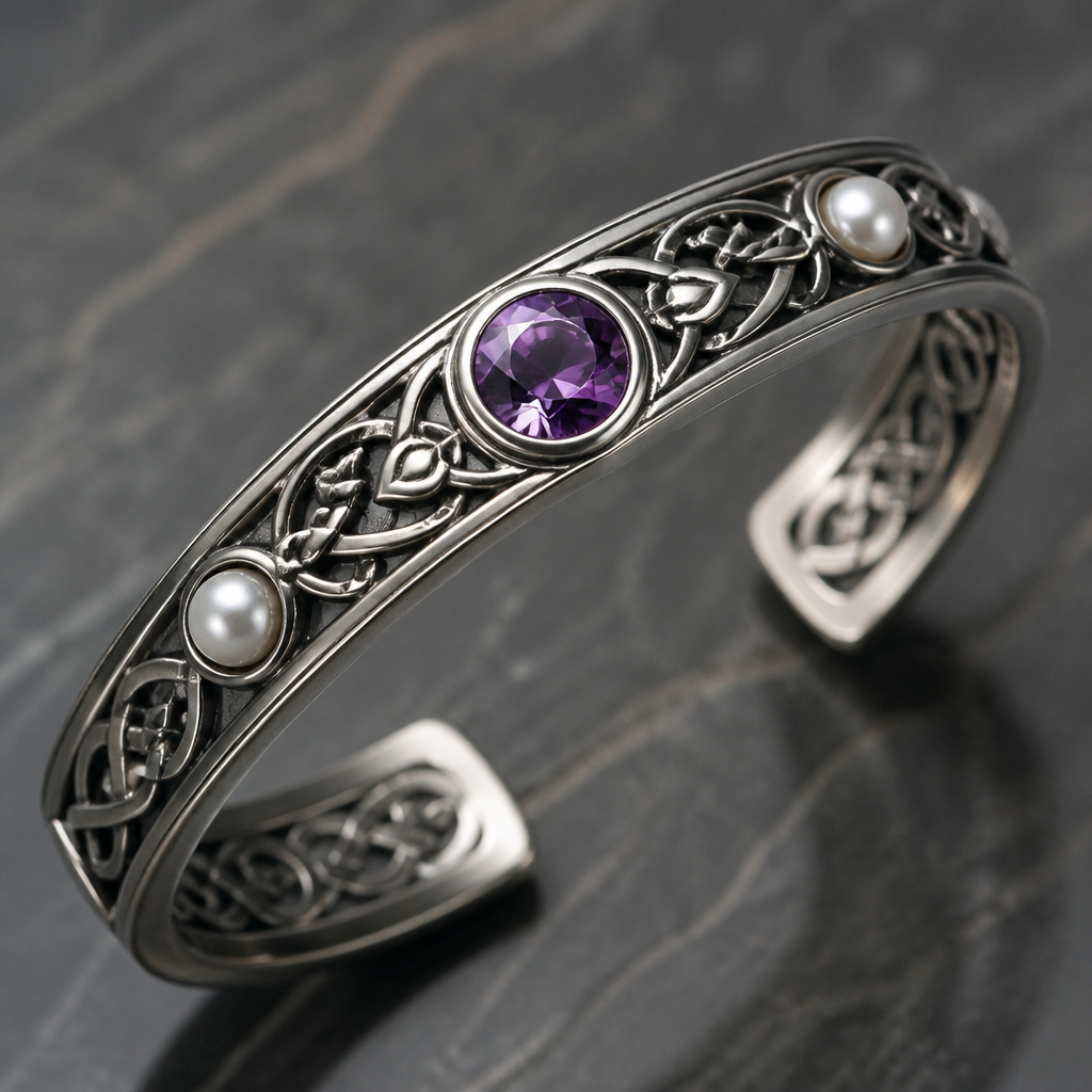A scandinavian women's bracelet made of titanium with pearl and amethyst stones suitable for engagement, detailed and decorative, moderately ornate. arm band in a Scandinavian/Nordic style with amethyst center stone and pearl inlay
photorealistic jewelry design, A scandinavian women's bracelet made of titanium with pearl and amethyst stones suitable for engagement, detailed and decorative, moderately ornate. arm band in a Scandinavian/Nordic style with amethyst center stone and pearl inlay, scandinavian style, just the design no text