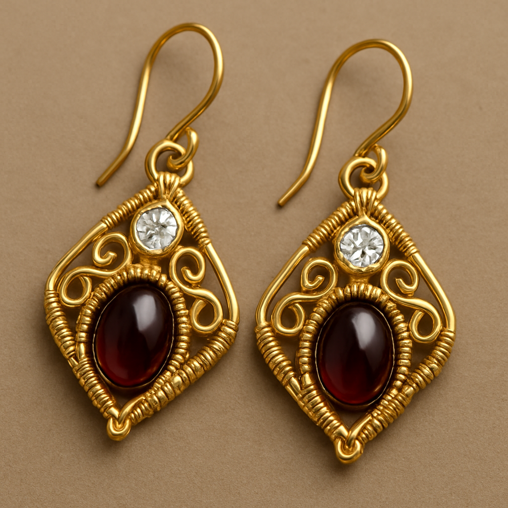 Create an advanced / expert level wire wrapped design for a pair of earrings that have 7x5 mm garnet cabochons with 1 white topaz 4mm faceted stone accent. Use 21 gauge gold colored square wire for the base, 21 gauge gold colored half round wire to connect pieces and 24 gauge round gold colored wire for wire weaved designs