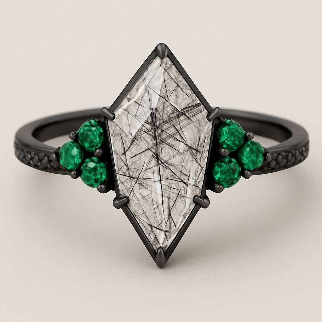 Black band, kite cut tourmalated quartz, emerald accent stones 3 on each side in a cluster, second band black going around the bottom of the kite stone with black stones