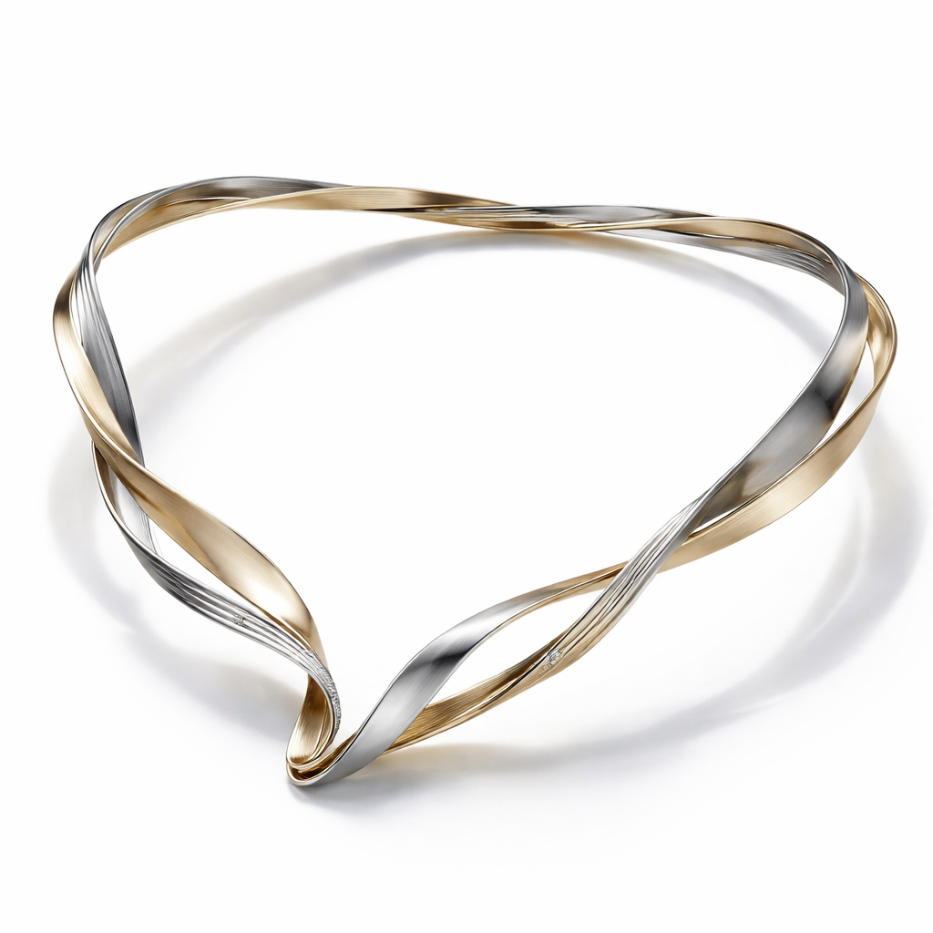 A flexible necklace which is not rigid and inspired of twisted flat wire